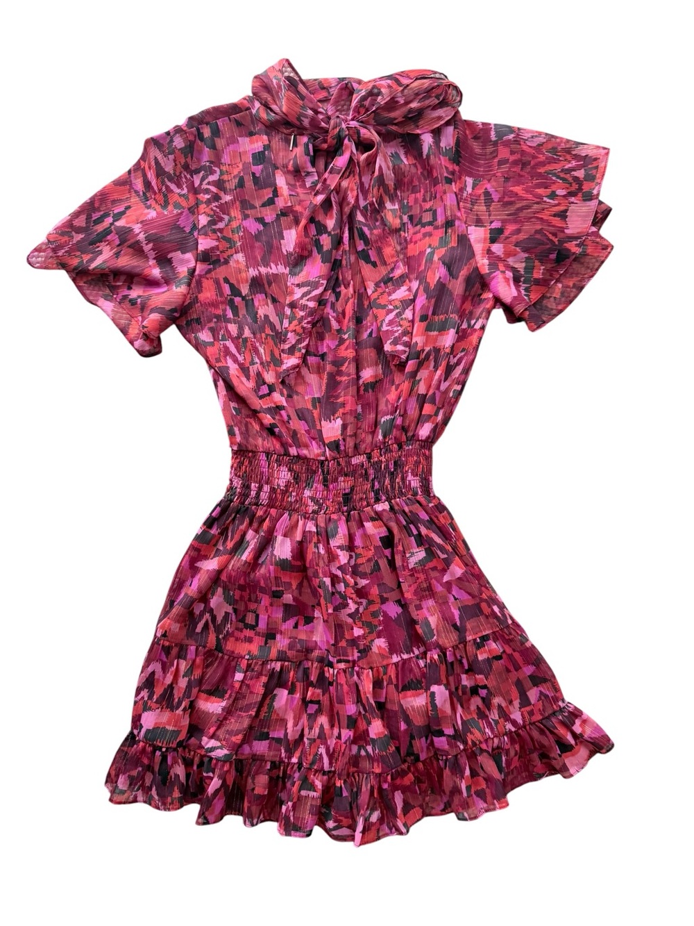 MISA Los Angeles Pink Abstract Metallic Tie Neck Ruffle Mini Dress Medium
